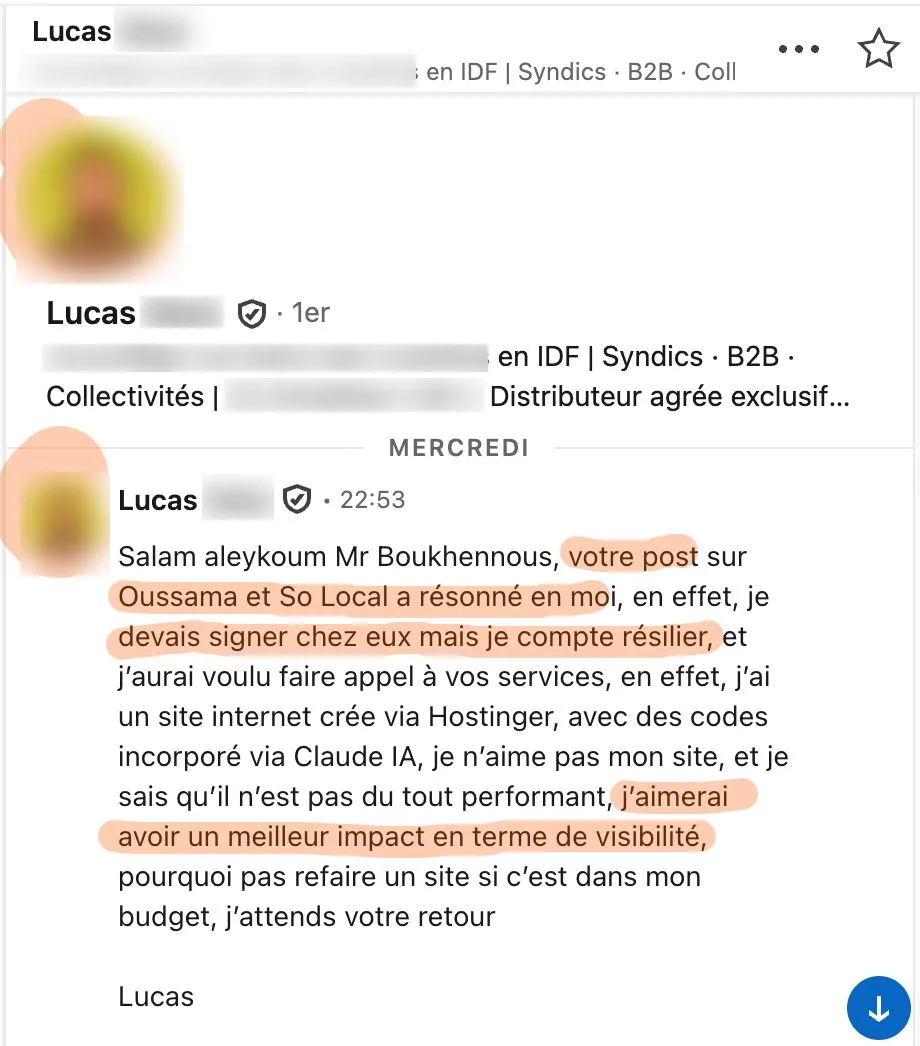 Message LinkedIn de Lucas, dirigeant qui comptait signer chez Solocal et envisage de résilier
