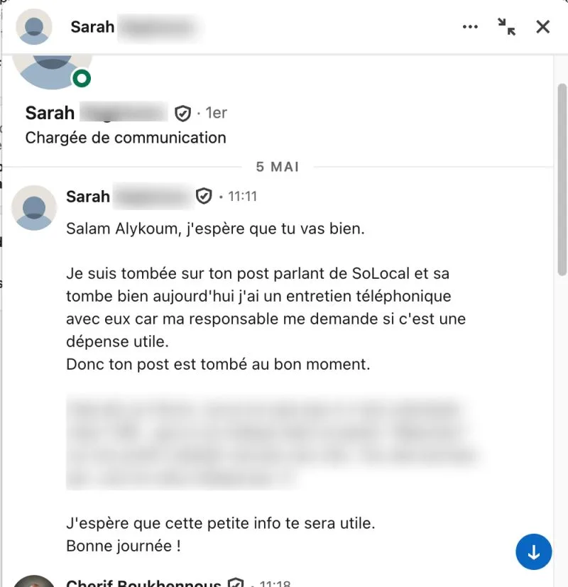 Message LinkedIn de Sarah, chargée de communication, qui s'interroge sur l'utilité d'une dépense Solocal avant un entretien téléphonique